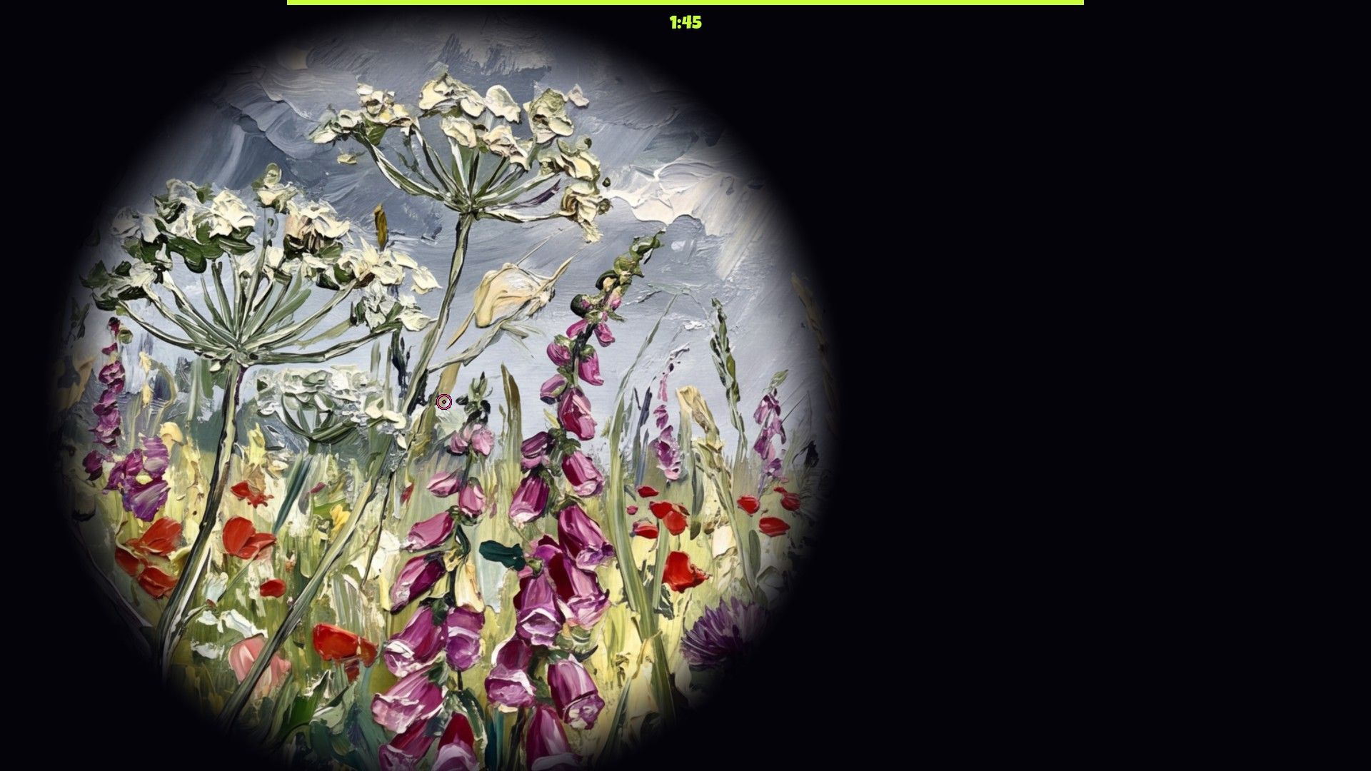 An oil-painting meadow map with the Blackout option on — everything outside the seeker's cone of light goes dark