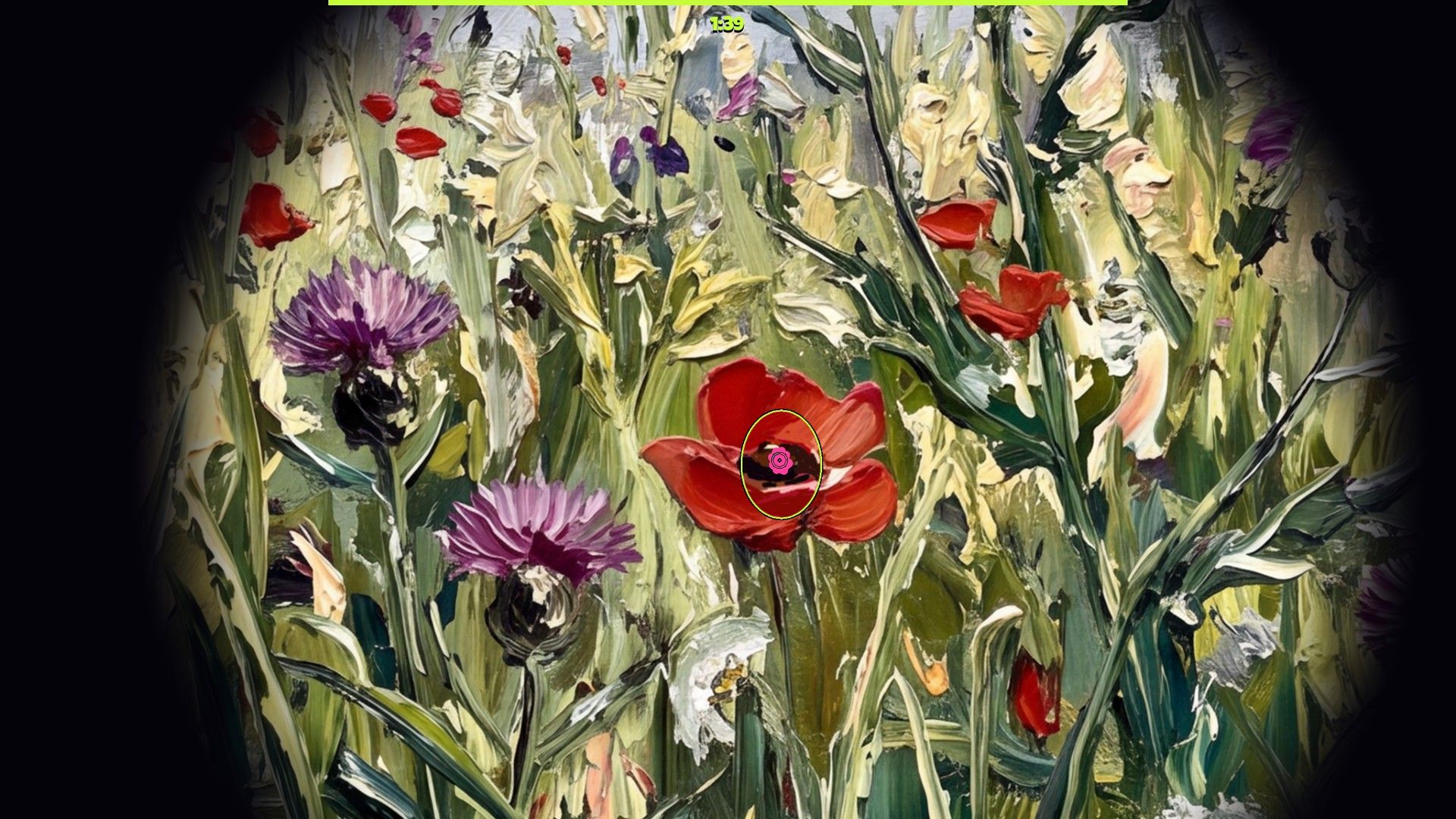 Blackout in a painted meadow — the seeker's cone of light circles a poppy that looks a little too deliberate
