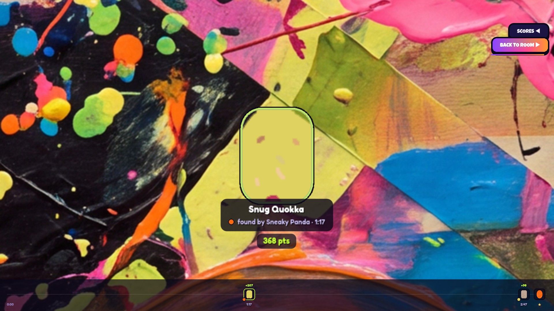 End-of-round reveal on a paint-splattered map — the hider Snug Quokka glows where they blended in, found by Sneaky Panda