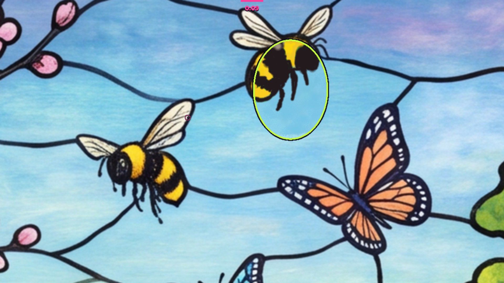 A hider painted as a bumblebee on a stained-glass map, outlined moments after being spotted